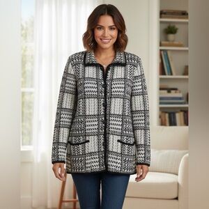 Vintage Fair Isle Knit Plaid Cardigan, Classic Collar, Wool blend, L/XL